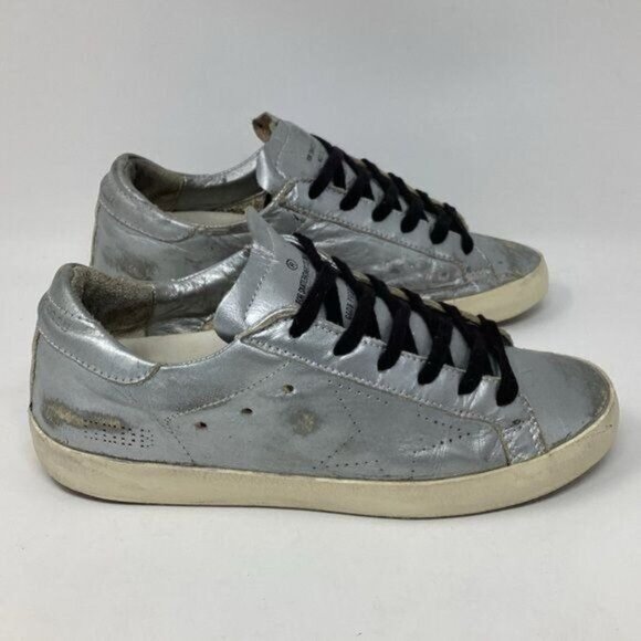 Golden Goose Shoes - Golden Goose Metallic Silver Low-Top Sneakers with Black Laces